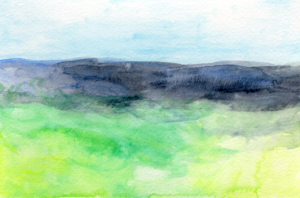 watercolor of the ocean - greens and light tones with an abrupt shift to deeper water showing in dark blues, with a pale blue sky above