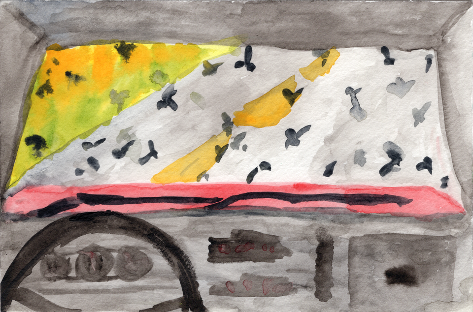 Watercolor of a windshield from inside the car. You can see part of the interior, some road, cornfields, and the windshield is covered in smears.